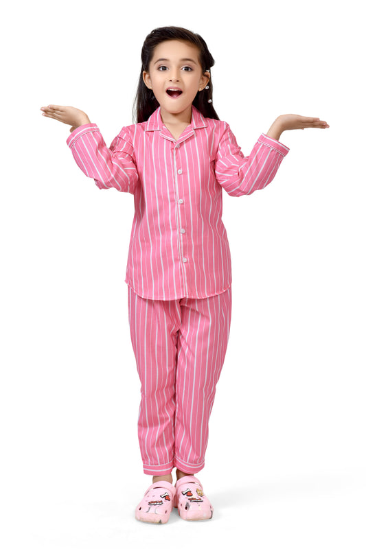 Candy Pink Striped Girls Cotton Night Suit - Full-Length View | CLUB96