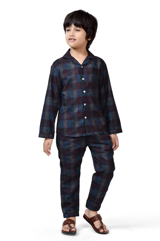 Midnight Blue Plaid Boys Cotton Night Suit - Full-Length View | CLUB96