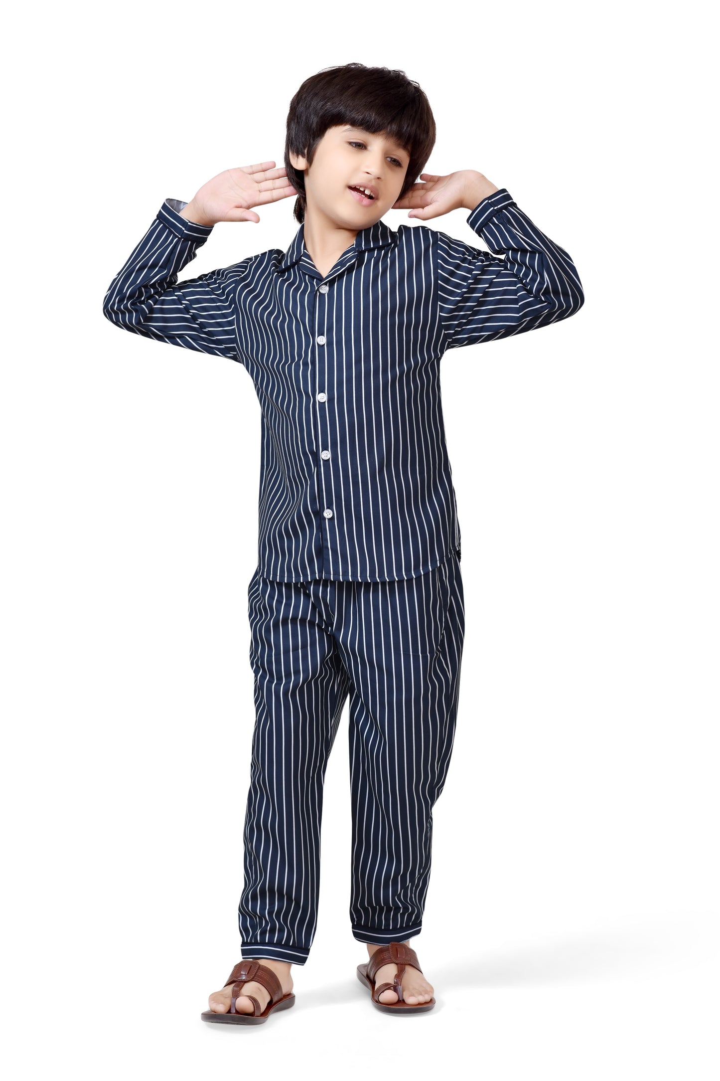 Classic Black and White Striped Printed Cotton Boys Night Suit - Club96