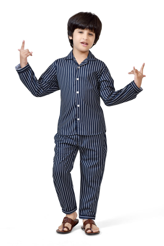 Blue & White Striped Boys Cotton Night Suit - Print Detail | CLUB96