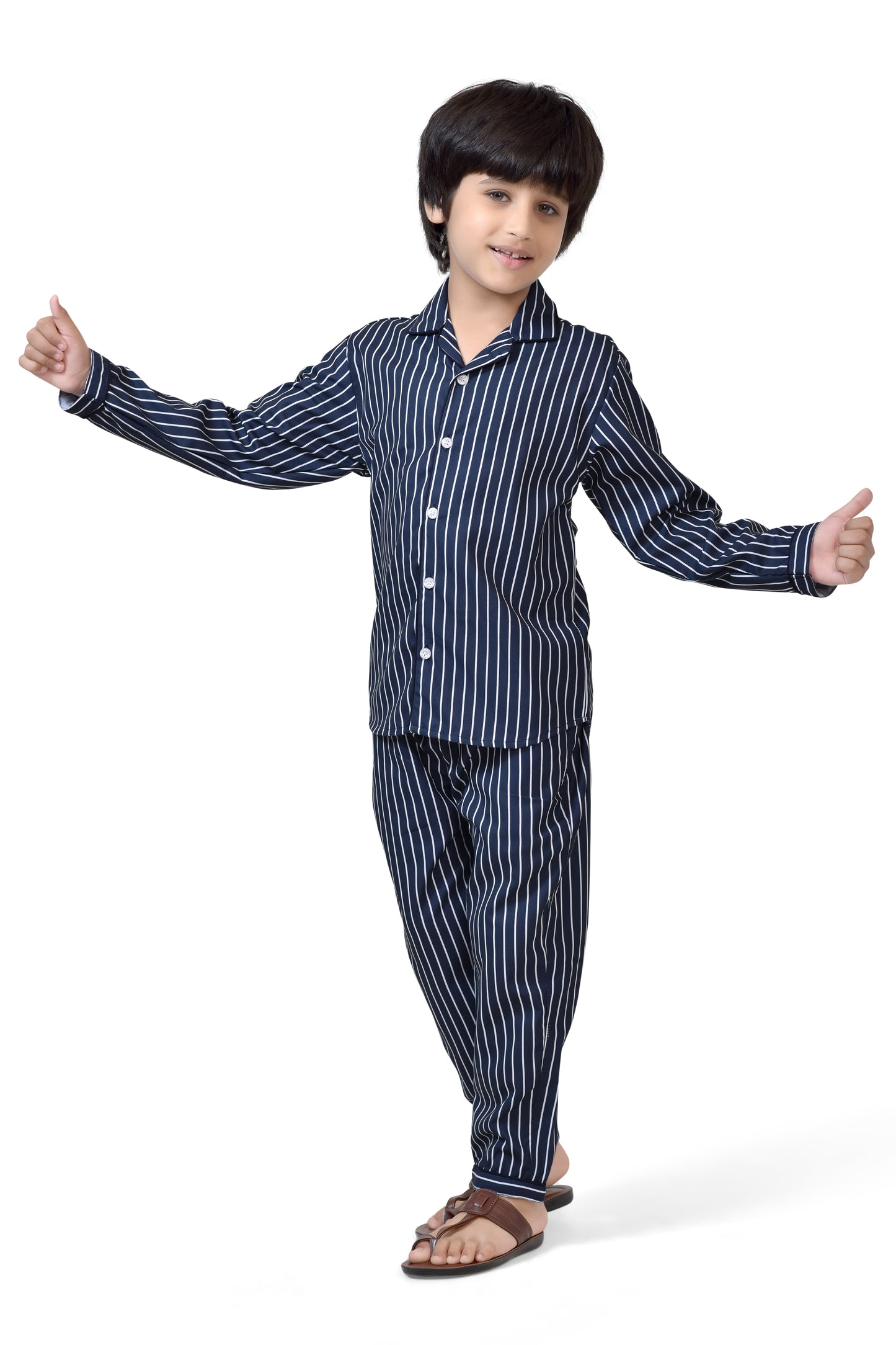 Classic Black and White Striped Printed Cotton Boys Night Suit - Front