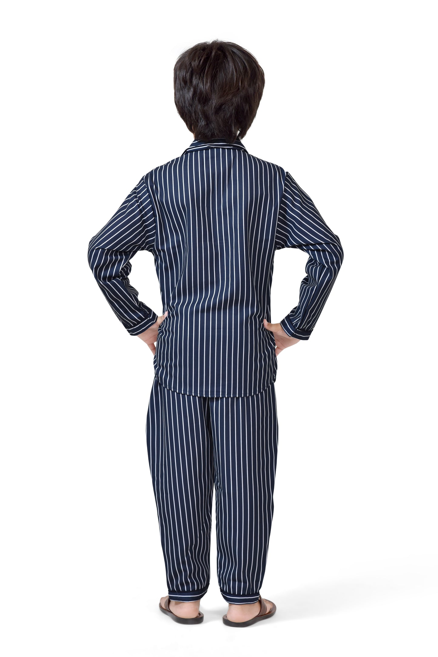 Classic Black and White Striped Printed Cotton Boys Night Suit - Back