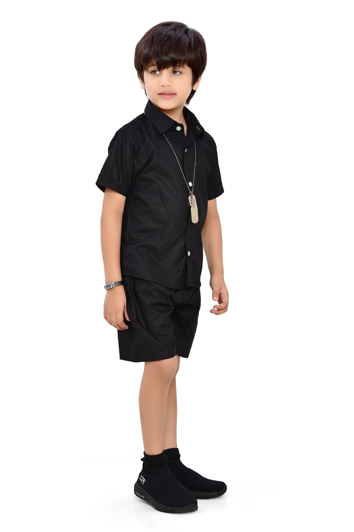 Classic Plain Black Cotton Co-Ord Set for Boys - Front