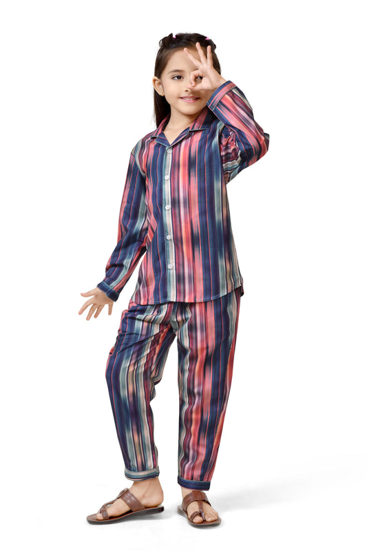 Blue Multicolour Striped Girls Cotton Night Suit - Full Sleeve Detail | CLUB96