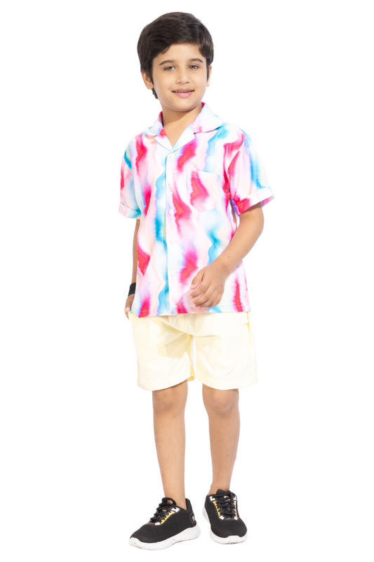 Color Splash Digital Printed Cotton Shirt with Yellow Shorts - Front