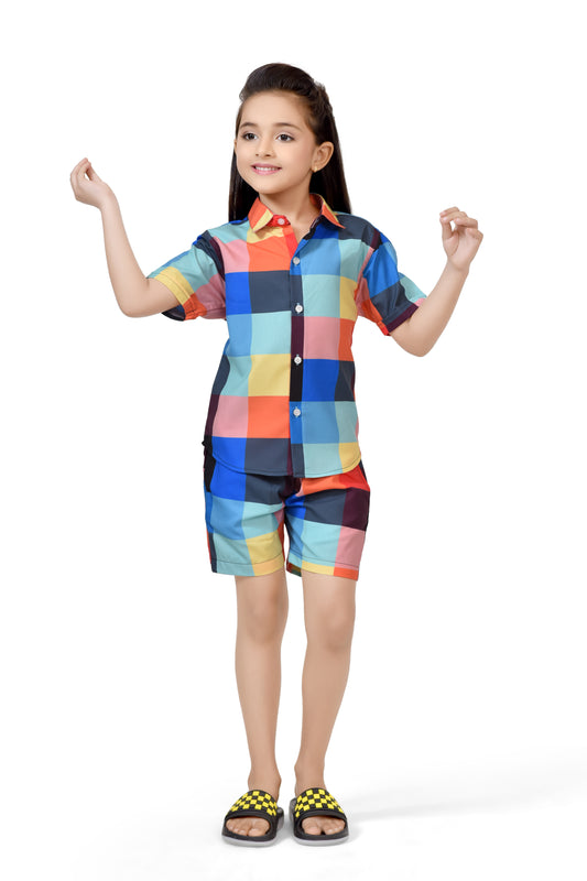 Colorful Big Checks Printed Cotton Co-Ord Set for Girls - Club96