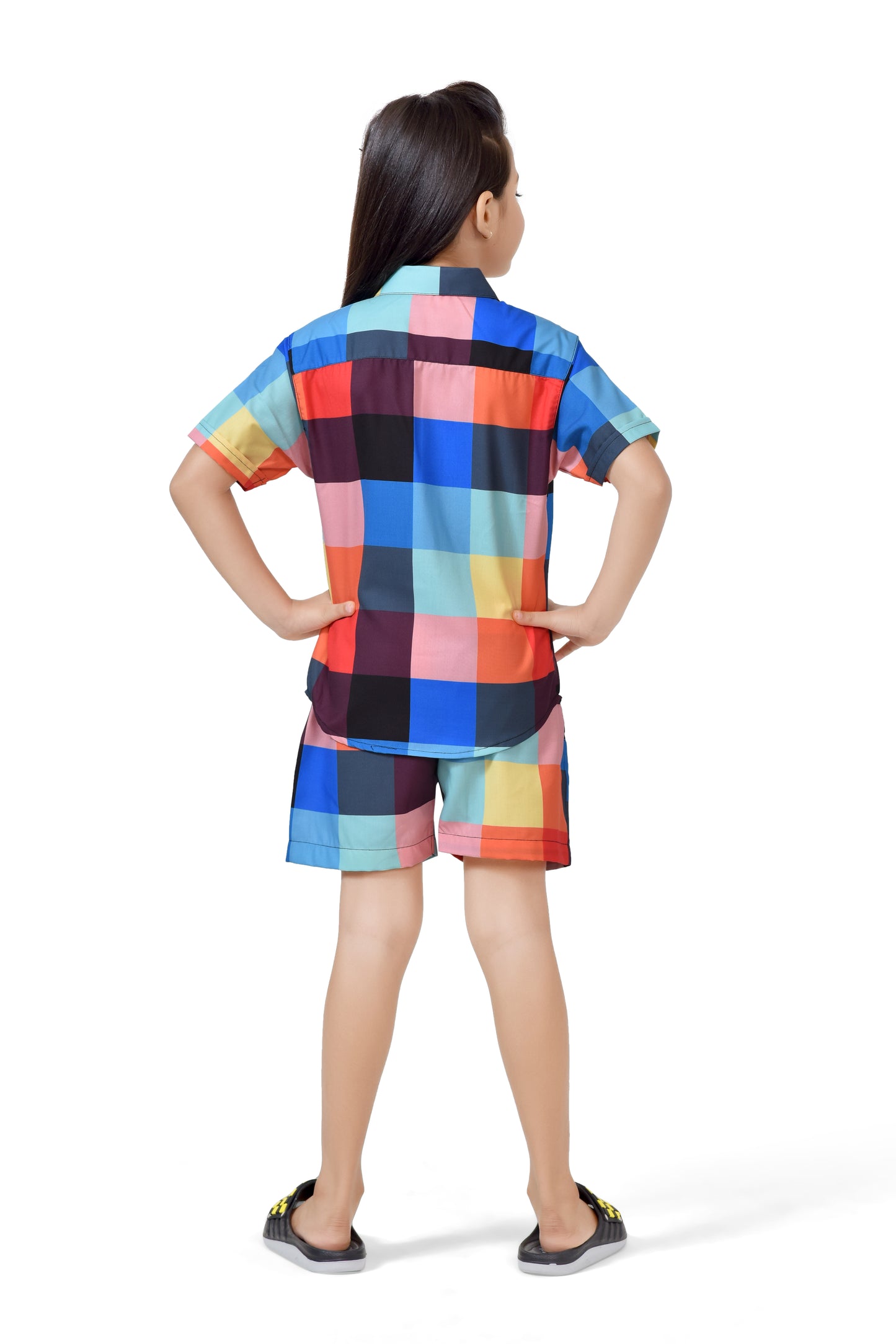 Colorful Big Checks Printed Cotton Co-Ord Set for Girls - Back
