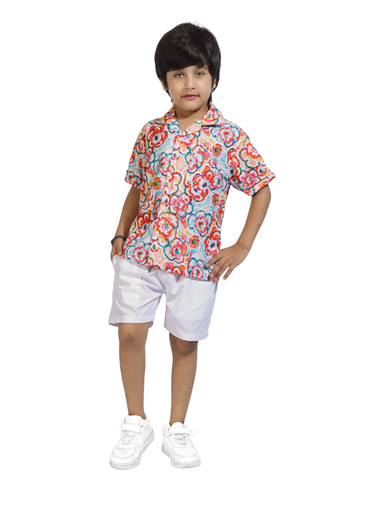 Colorful Digital Floral Printed Cotton Shirt with White Shorts - Front