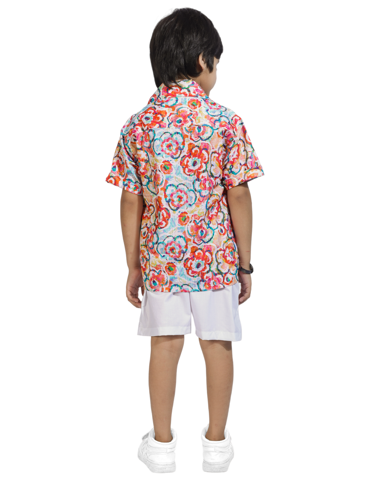 Colorful Digital Floral Printed Cotton Shirt with White Shorts - Back