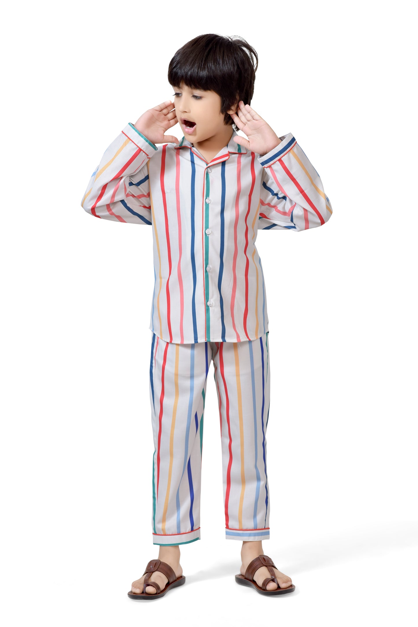 Colorful Printed Striped Boys Cotton Nightsuit Set - Club96.in
