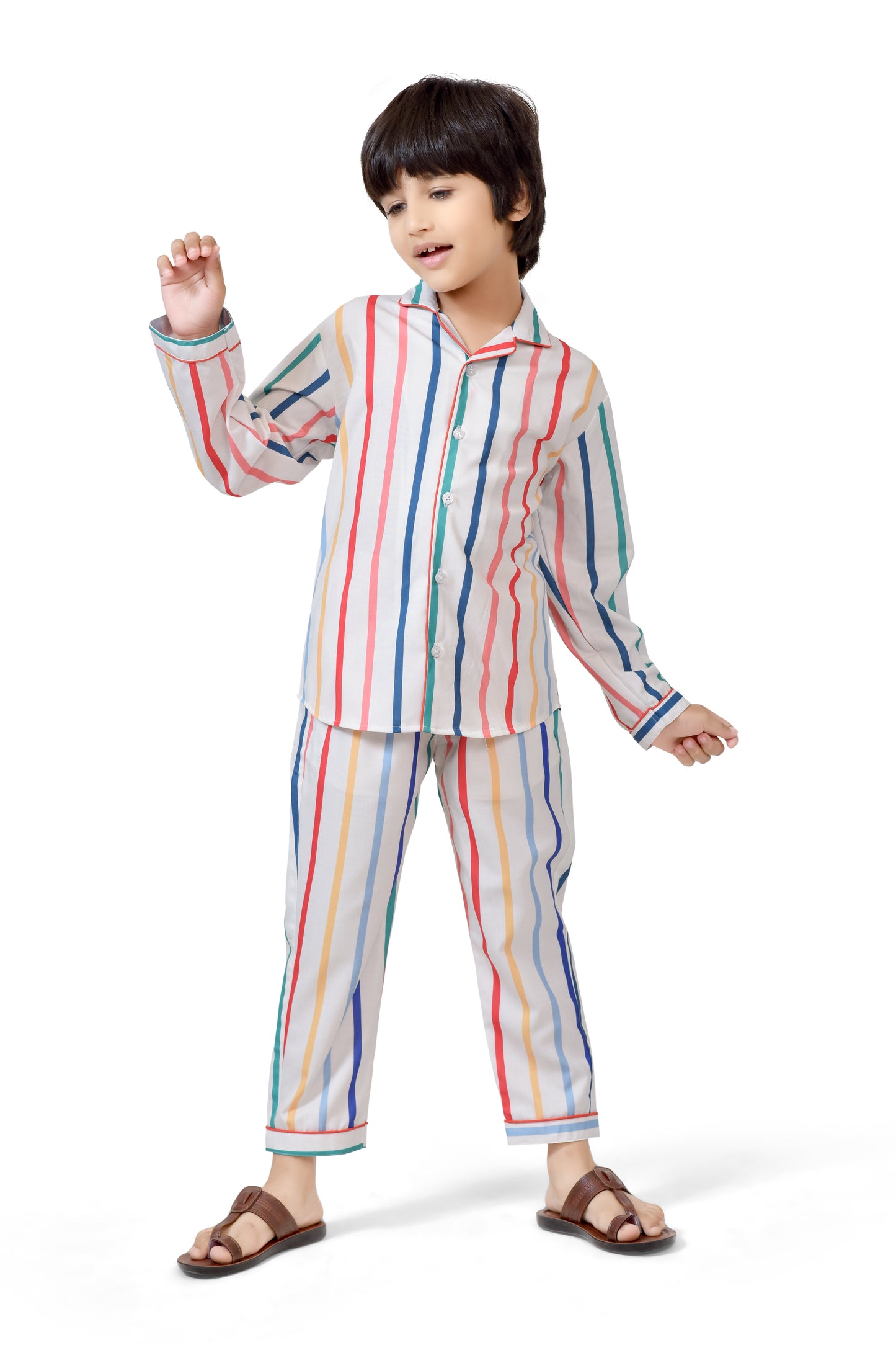 Colorful Printed Striped Boys Cotton Nightsuit Set - Front
