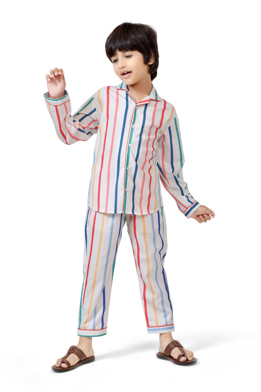 White Multicolour Striped Boys Cotton Night Suit - Front View 2 | CLUB96