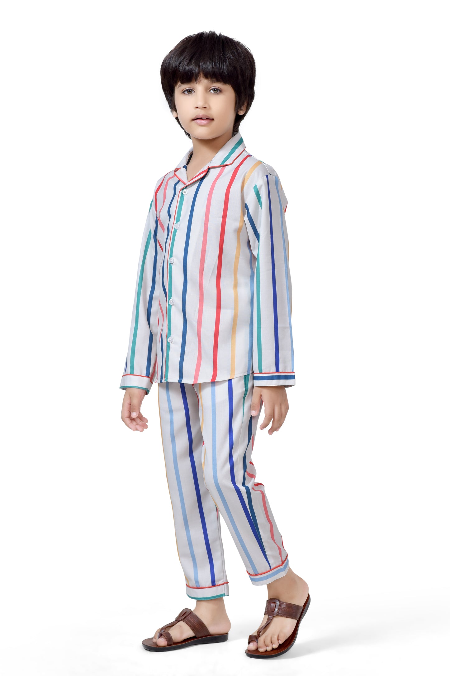 Colorful Printed Striped Boys Cotton Nightsuit Set - Front