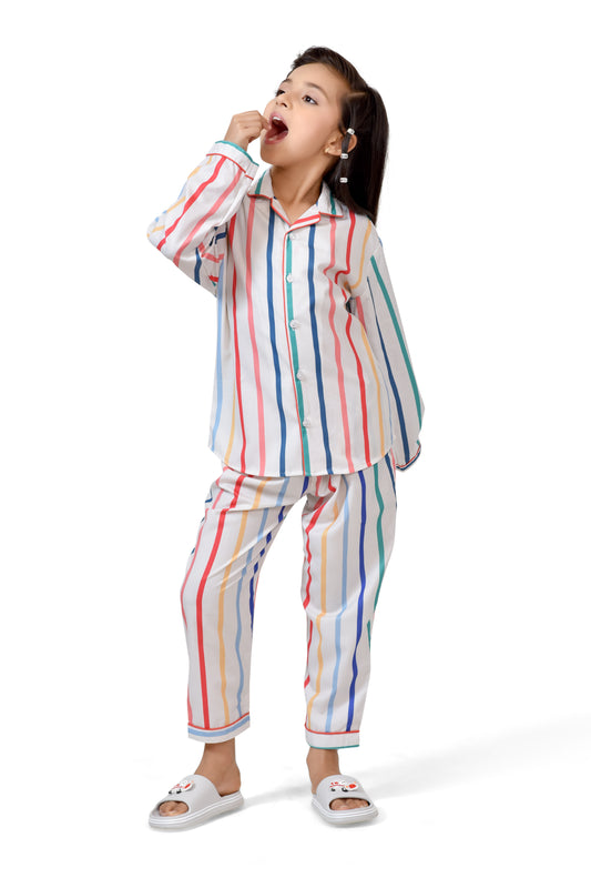 White Multicolour Striped Girls Cotton Night Suit - Front View 2 | CLUB96