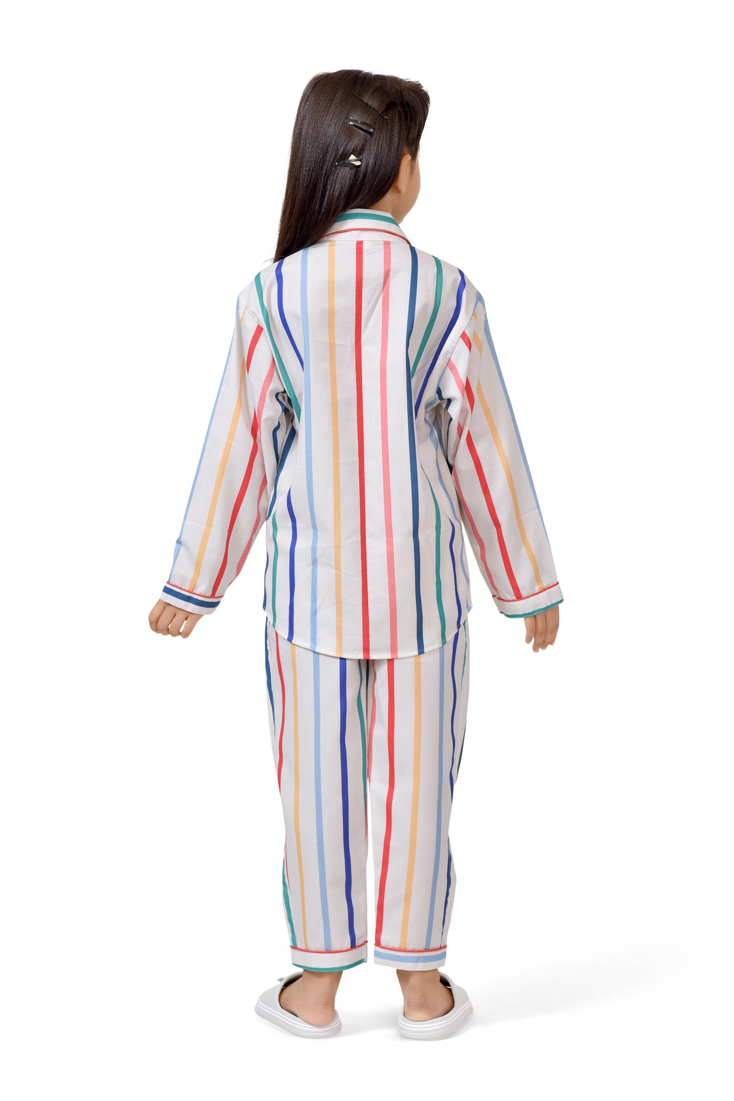 Colorful Printed Striped Girls Cotton Nightsuit - Back