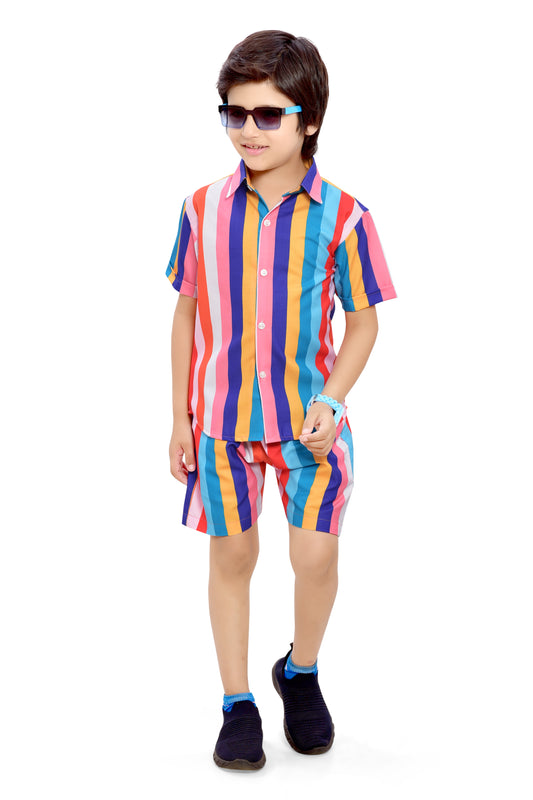 Colorful Rainbow Lining Printed Cotton Co-Ord Set for Boys - Club96