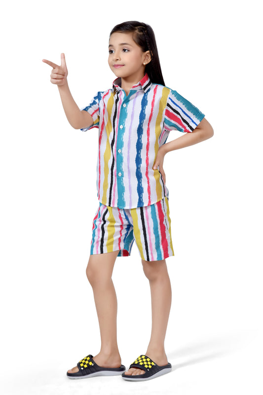 Colorful Striped Print Girls Cotton Shorts Co-Ord Set - Front