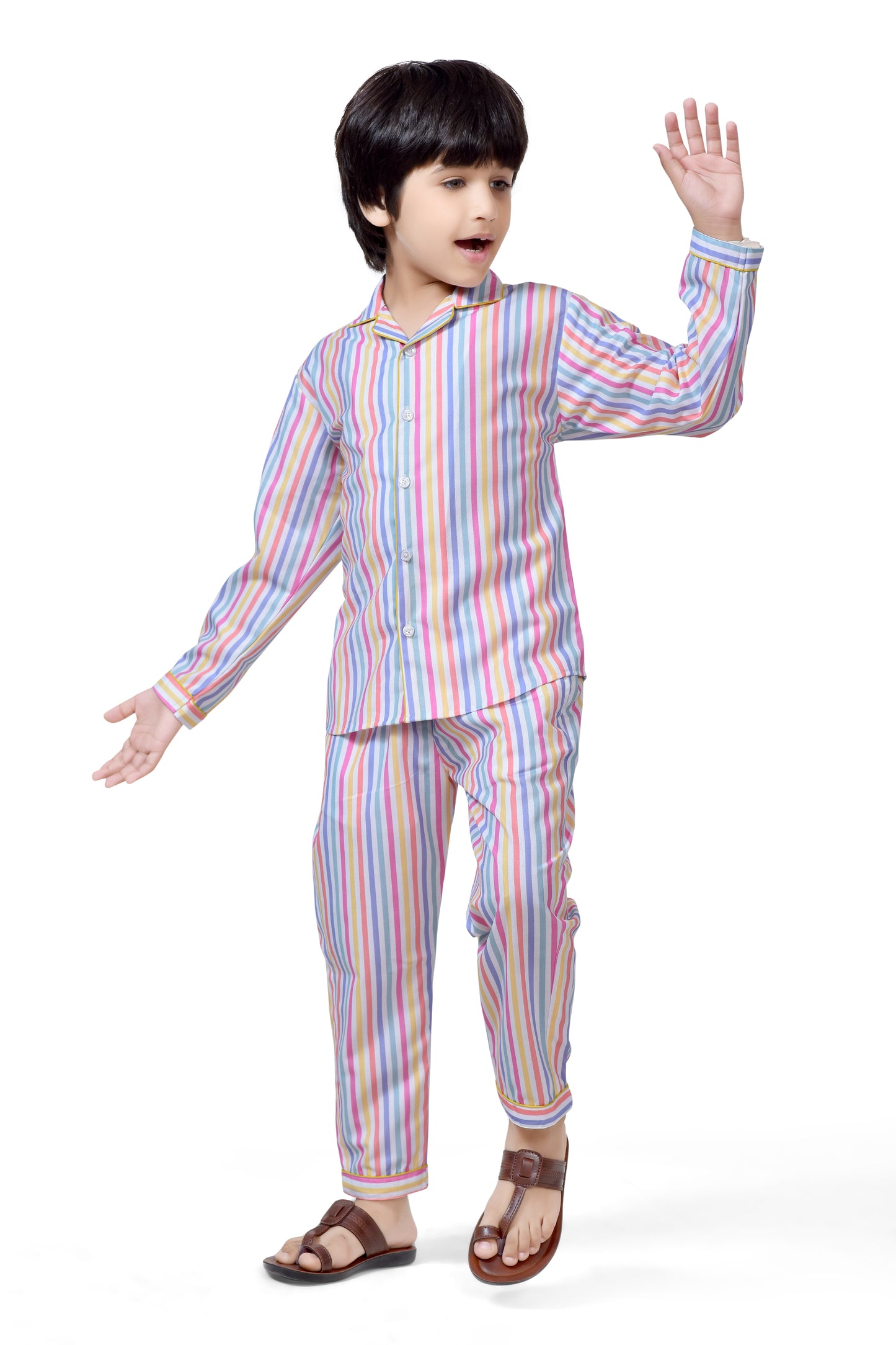 Colorful Stripe Printed Cotton Boys Night Dress - Front