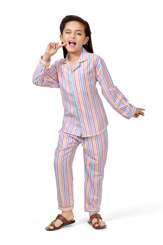 Colorful Stripe Printed Girls Night Dress - Club96.in