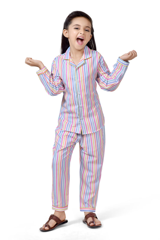 Pastel Multicolour Striped Girls Cotton Night Suit - Front View 2 | CLUB96