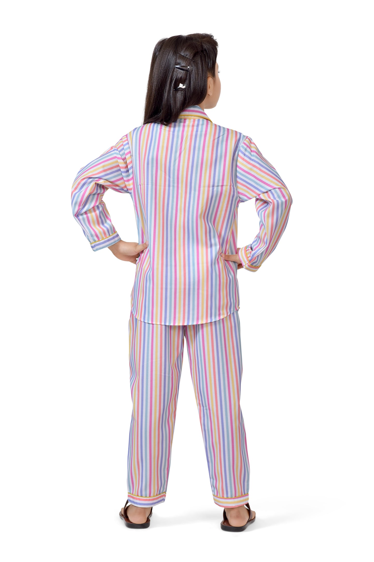 Colorful Stripe Printed Girls Night Dress - Back