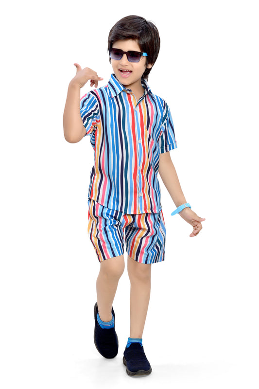 Colorful Striped Printed Boys Cotton Shorts Co-Ord Set - Club96