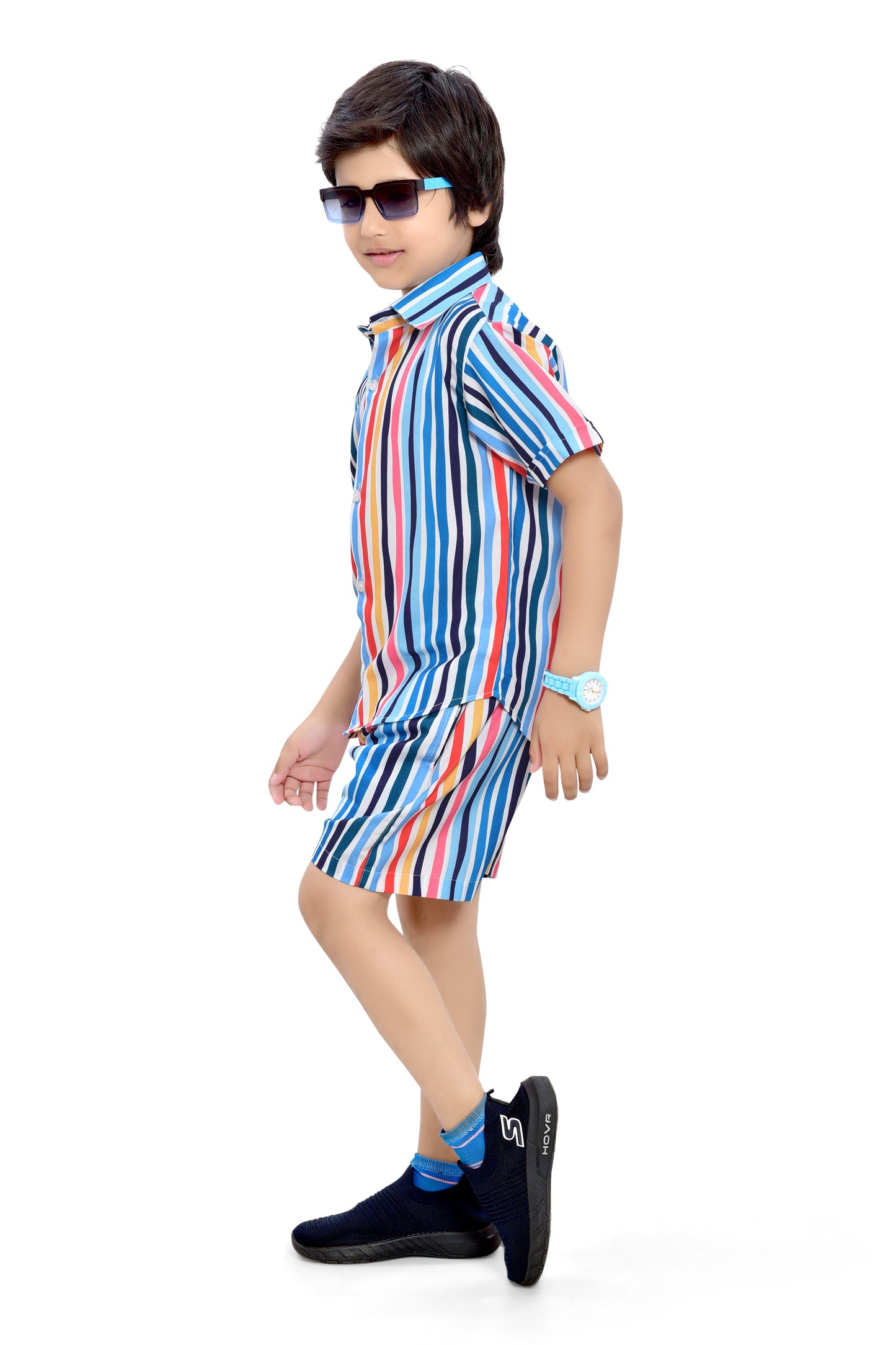 Colorful Striped Printed Boys Cotton Shorts Co-Ord Set - Front