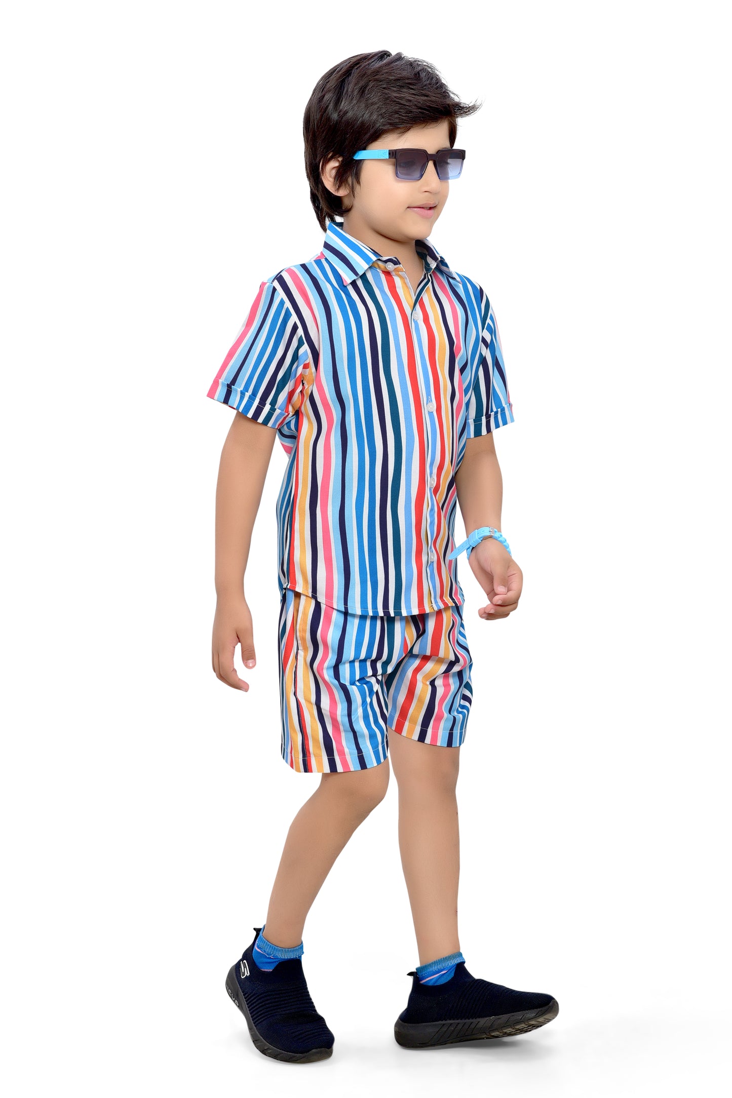 Colorful Striped Printed Boys Cotton Shorts Co-Ord Set - Stylist