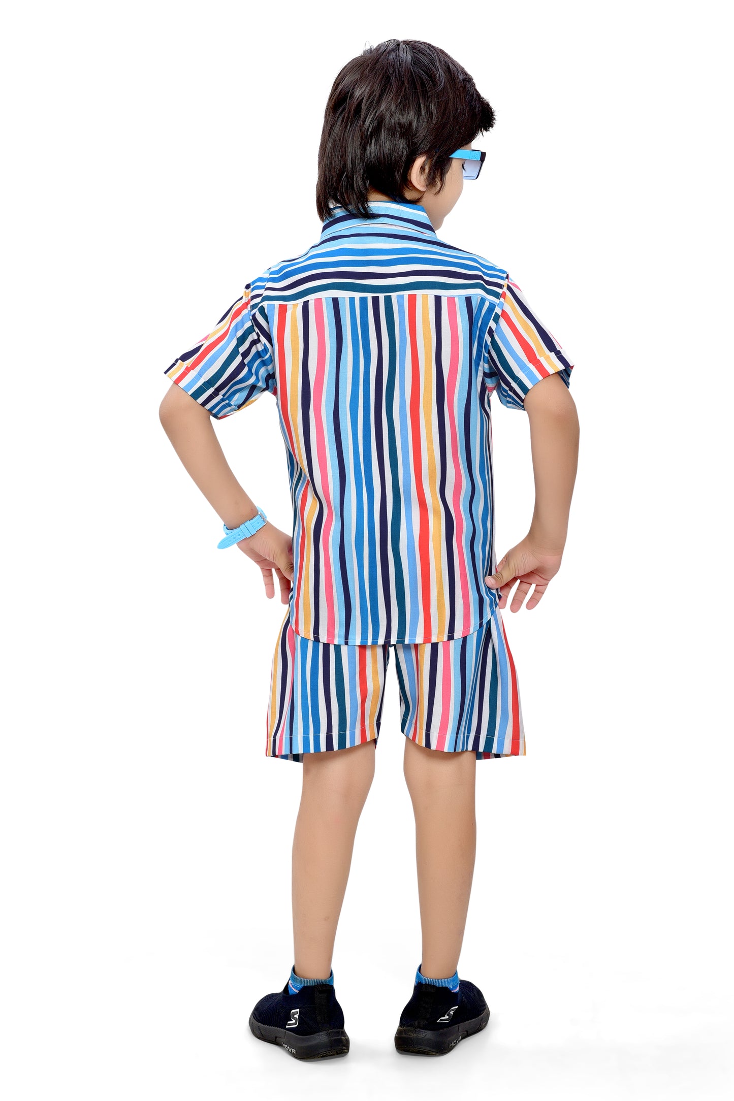 Colorful Striped Printed Boys Cotton Shorts Co-Ord Set - Back