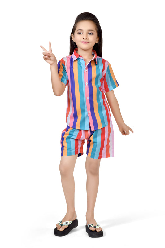 Colorful Striped Printed Girls Cotton Shorts Co-Ord Set - Club96