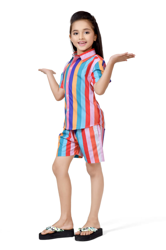 Colorful Striped Printed Girls Cotton Shorts Co-Ord Set - Front