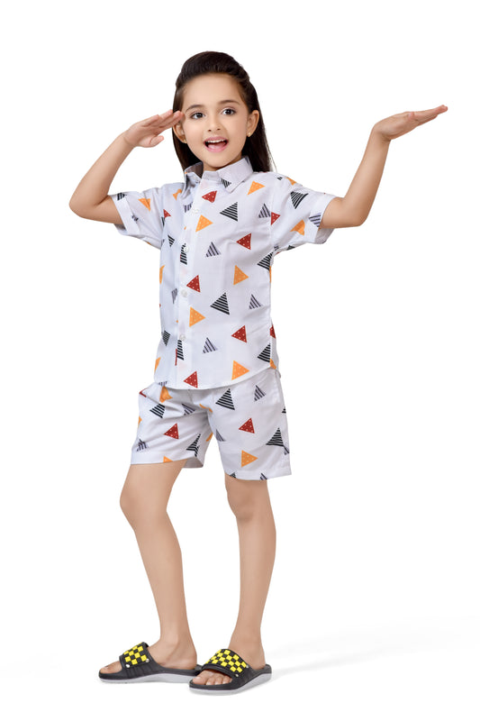 Colorful Triangle Pirnted White Girls Summer Co-Ord Set - Front