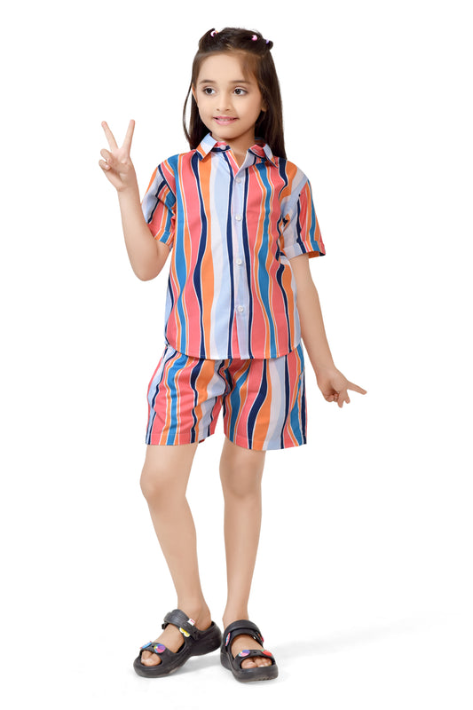 Colorful Vertical Striped Printed Girls Cotton Co-Ord Set - Front