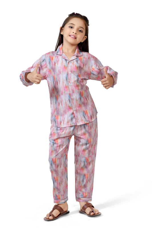 Pastel Multicolour Abstract Print Girls Cotton Night Suit - Full Sleeve Detail 2 | CLUB96