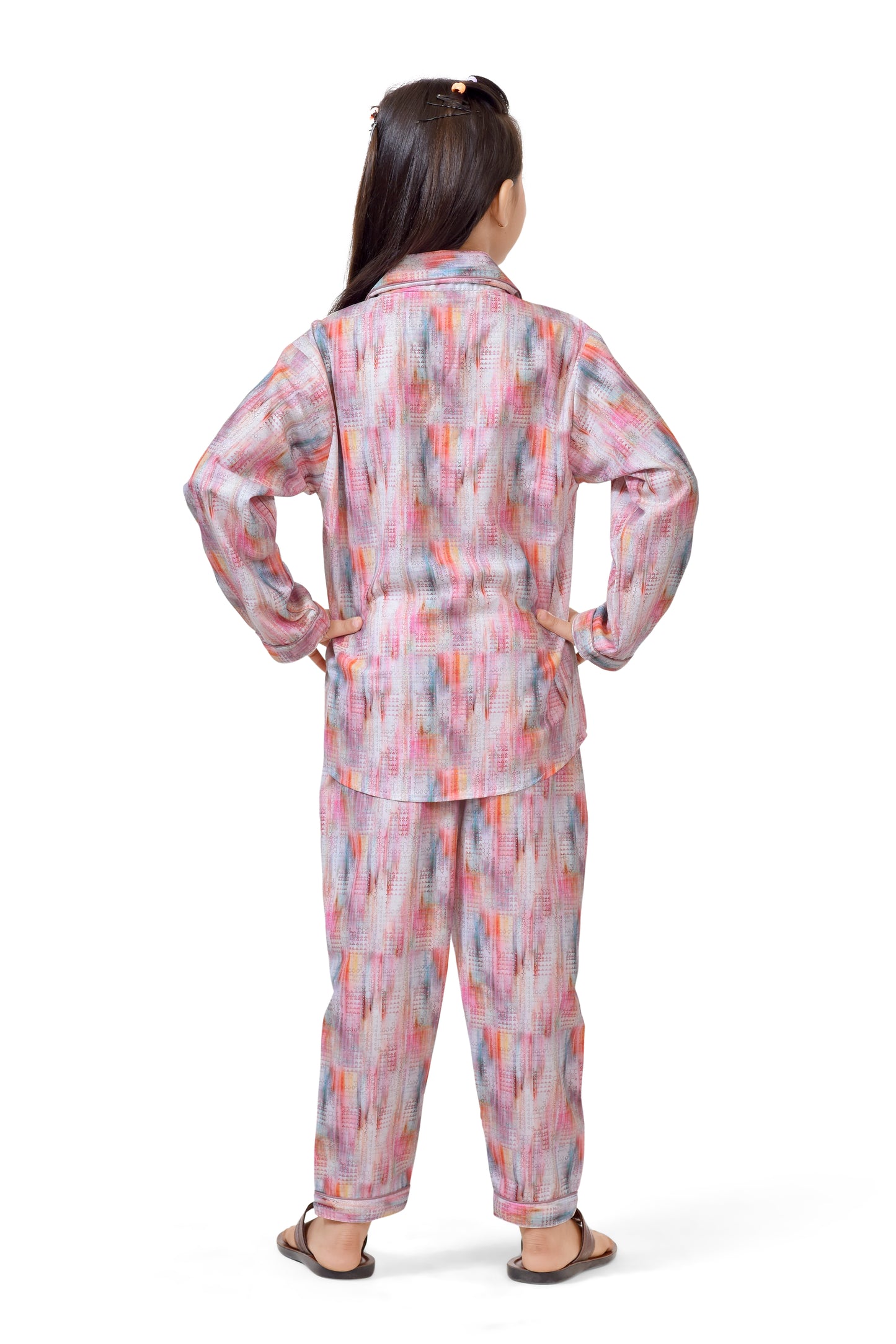 Colourful Abstract Printed Long Sleeve Girls Night Suit - Back