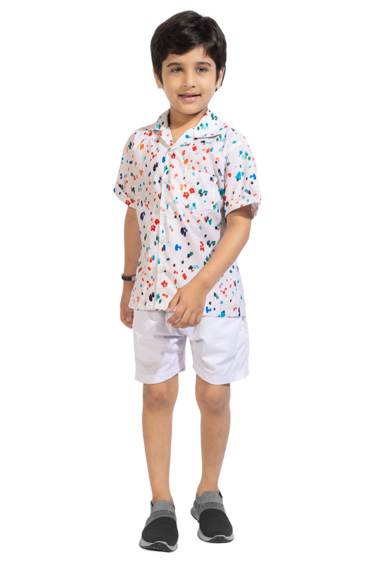 Colourful Splash Printed White Cotton Shirt and Shorts Combo - Front
