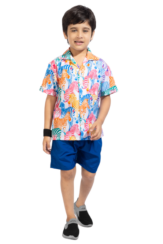 Colourful Zebra Digital Printed Cotton Shirt with Blue Shorts - Front