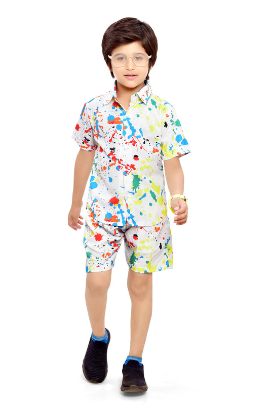 Cool White Color Splash Boys Cotton Shorts Co-Ord Set - Club96