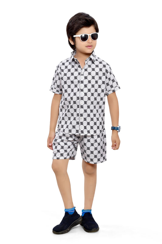 Cool White Text Printed Cotton Shorts Co-Ord Set for Boys - Club96