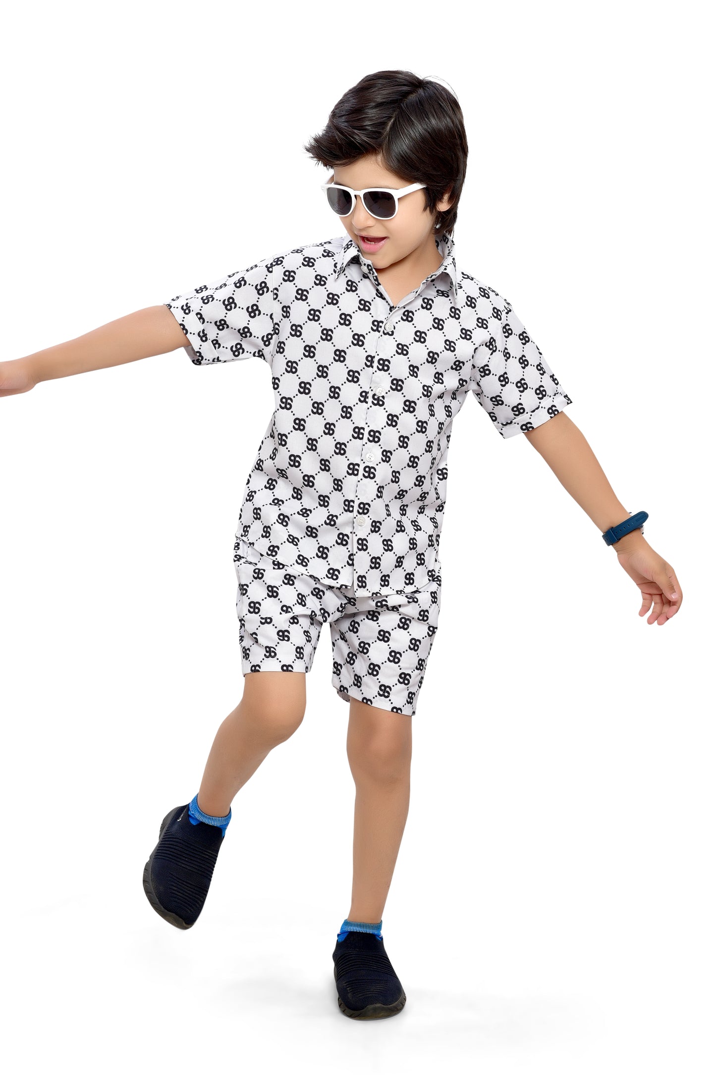 Cool White Text Printed Cotton Shorts Co-Ord Set for Boys - Front