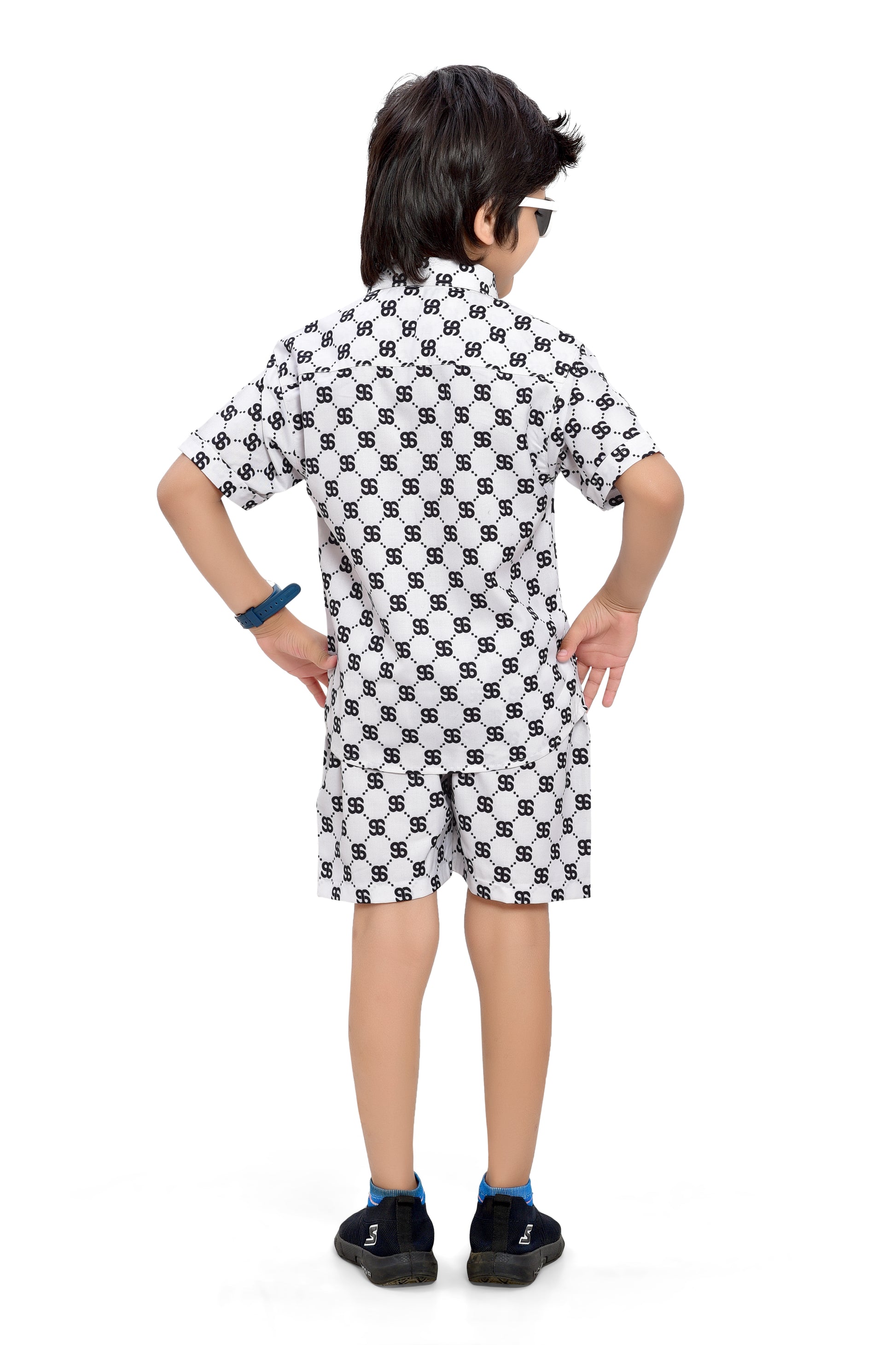 Cool White Text Printed Cotton Shorts Co-Ord Set for Boys - Back