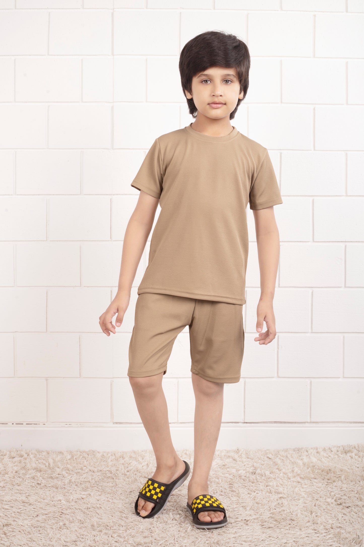 Cotton_Mario_rib_Beige_color _shorts _co_ord_set-Front