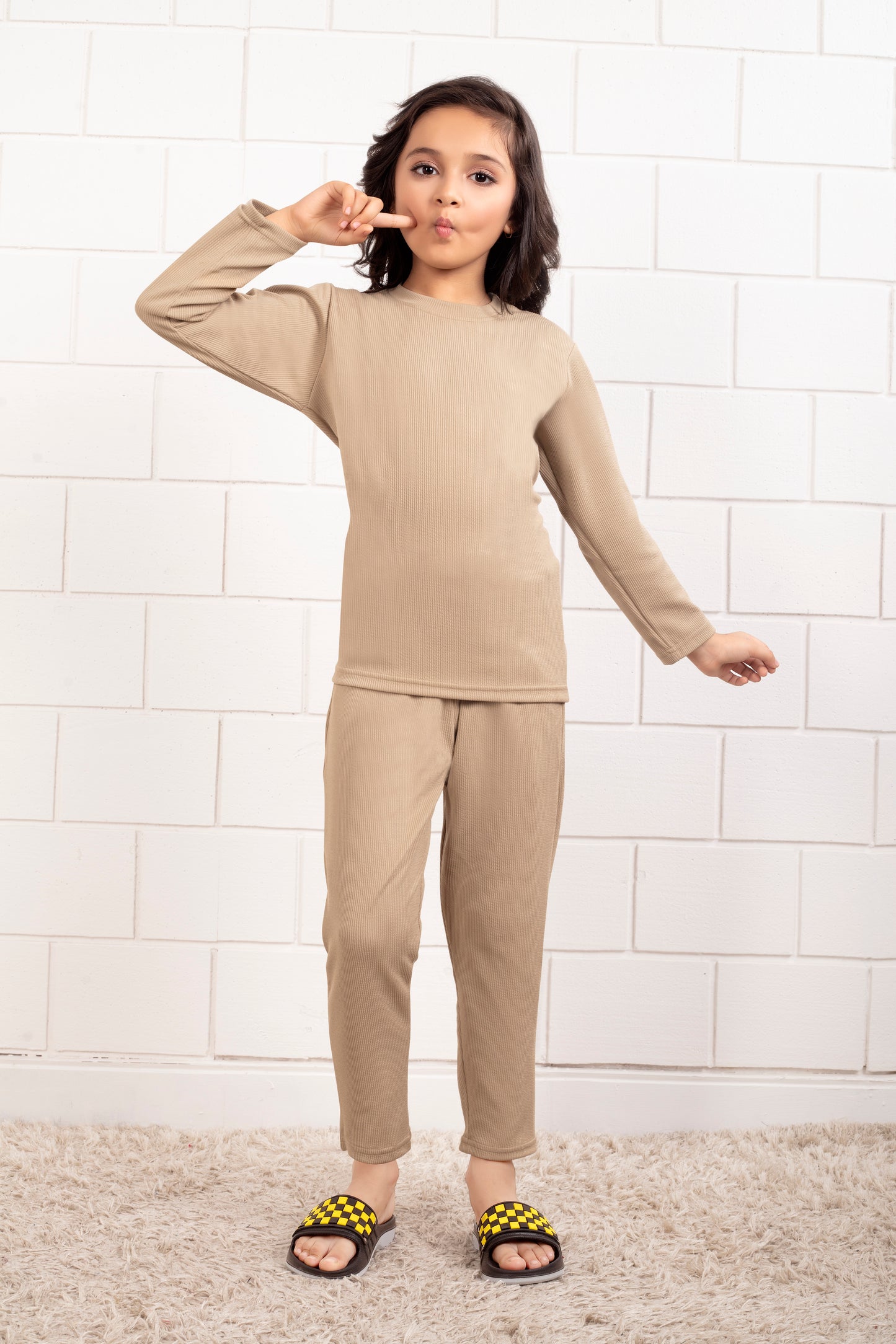 Cotton_Mario_rib_Beige_girls_pajama_sets - Front View