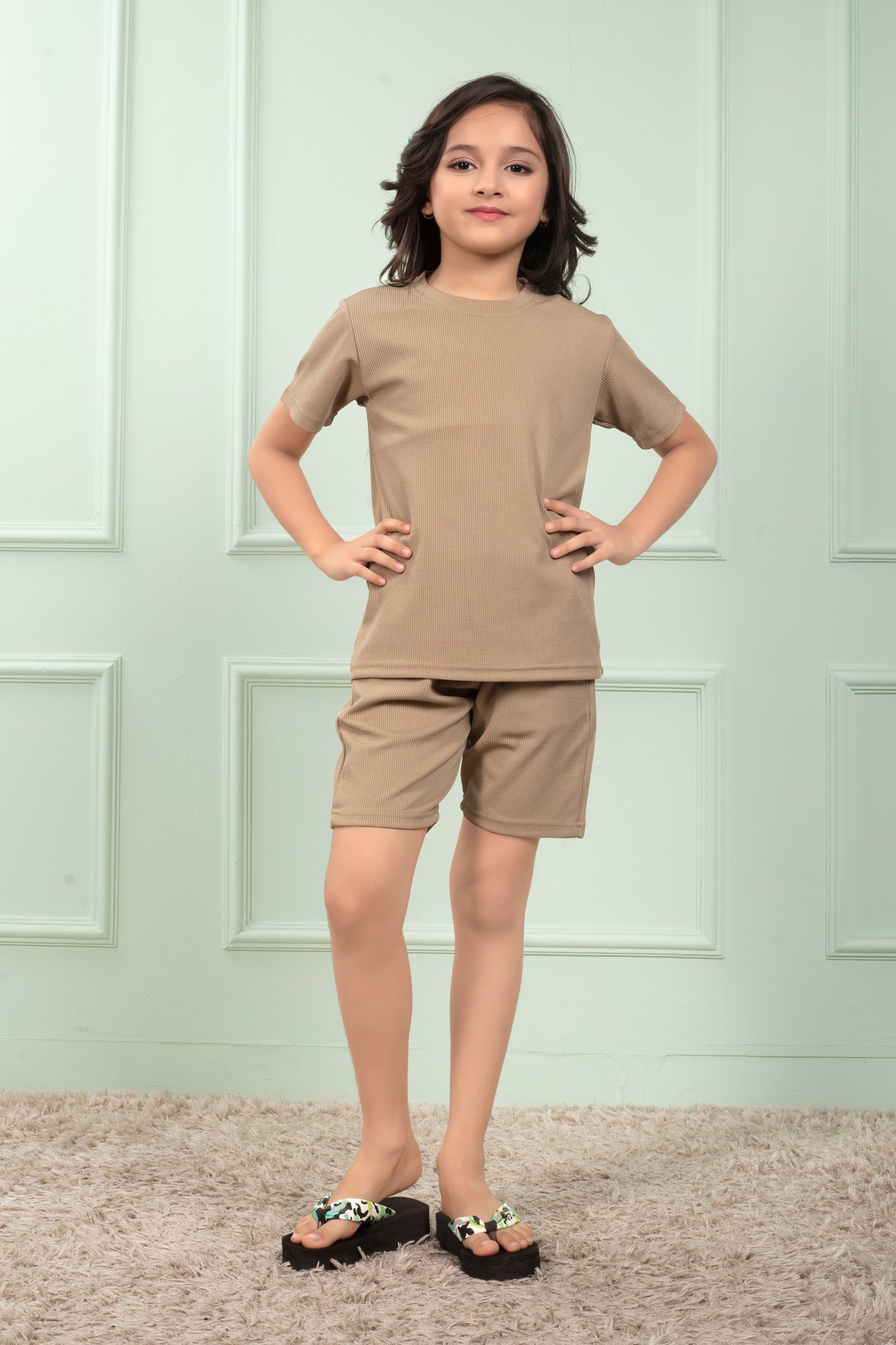 Cotton_Mario_rib_Beige_girls_shorts_set_for_Girl
