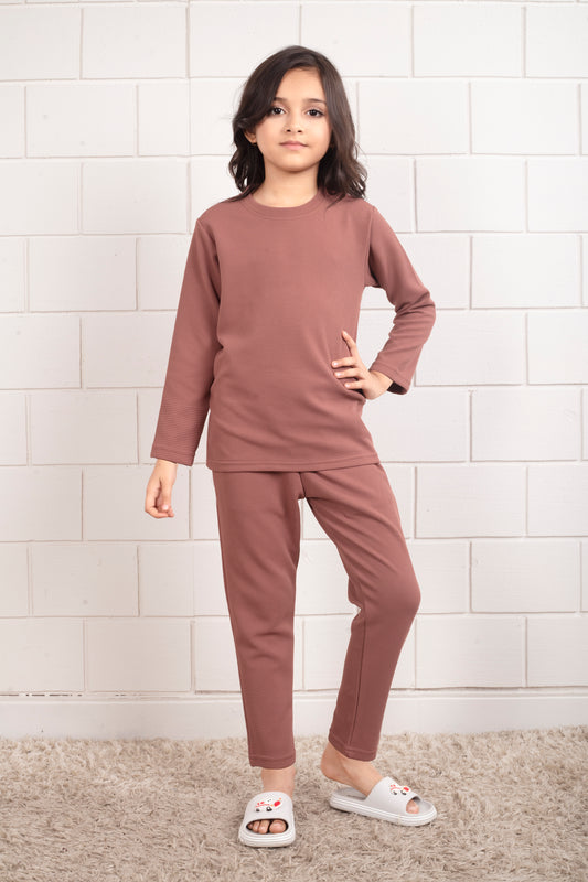 Cotton_waffle_Brown_Pajama_set_for_kids_Girl - FrontView