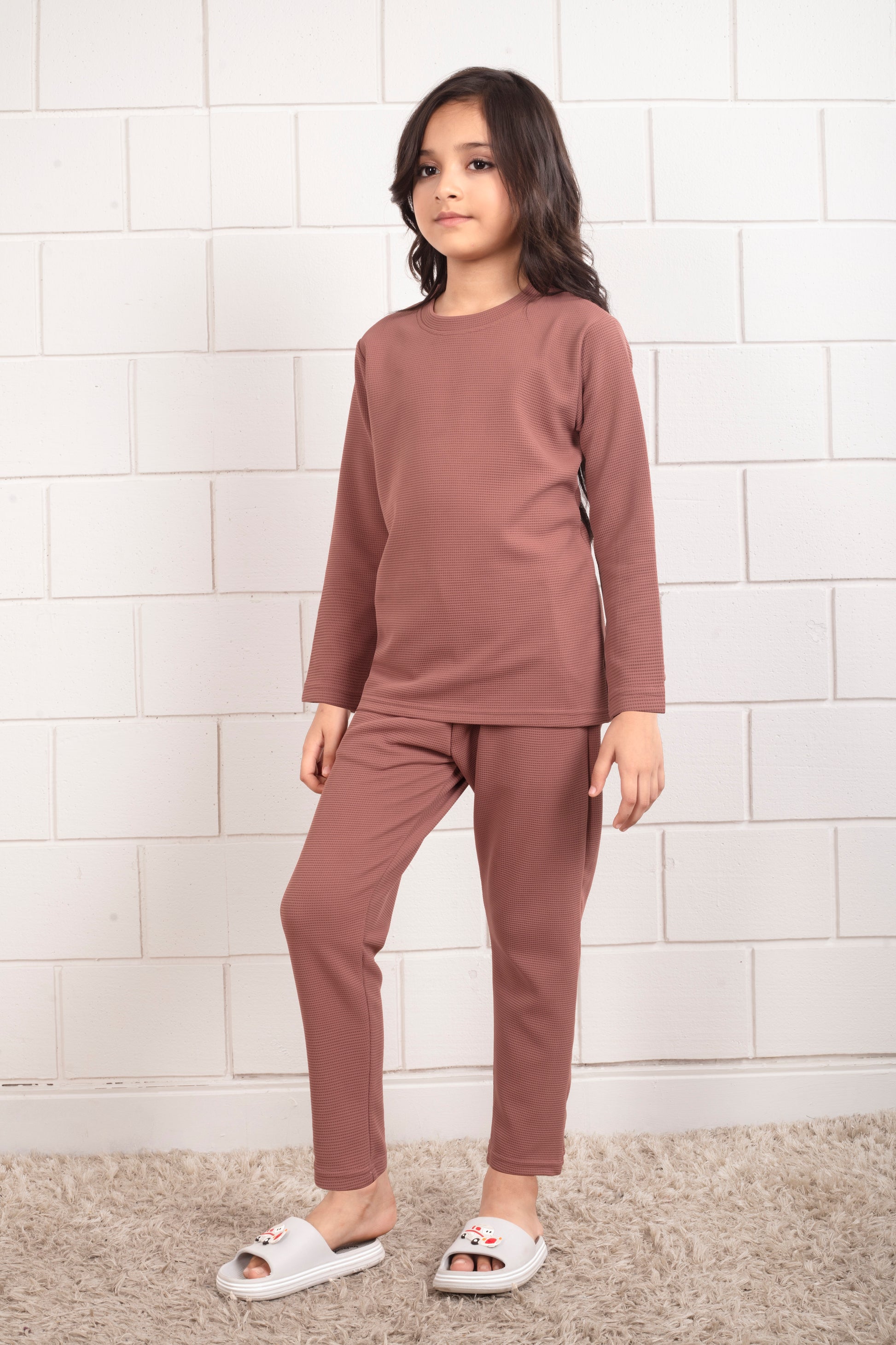 Cotton_waffle_Brown_Pajama_set_for_kids_Girl  - Sideview