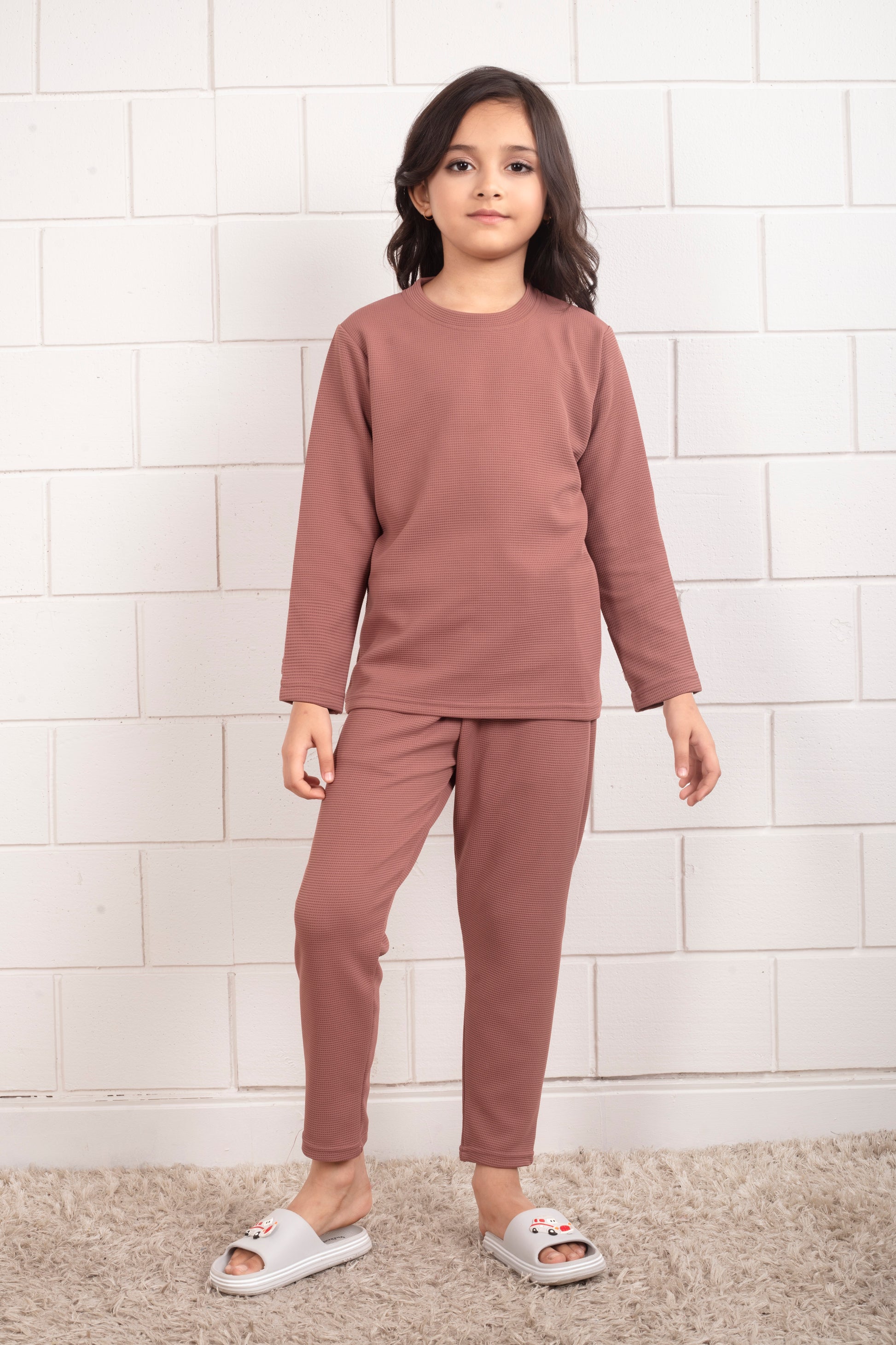 Cotton_waffle_Brown_Pajama_set_for_kids_Girl  -Stylish