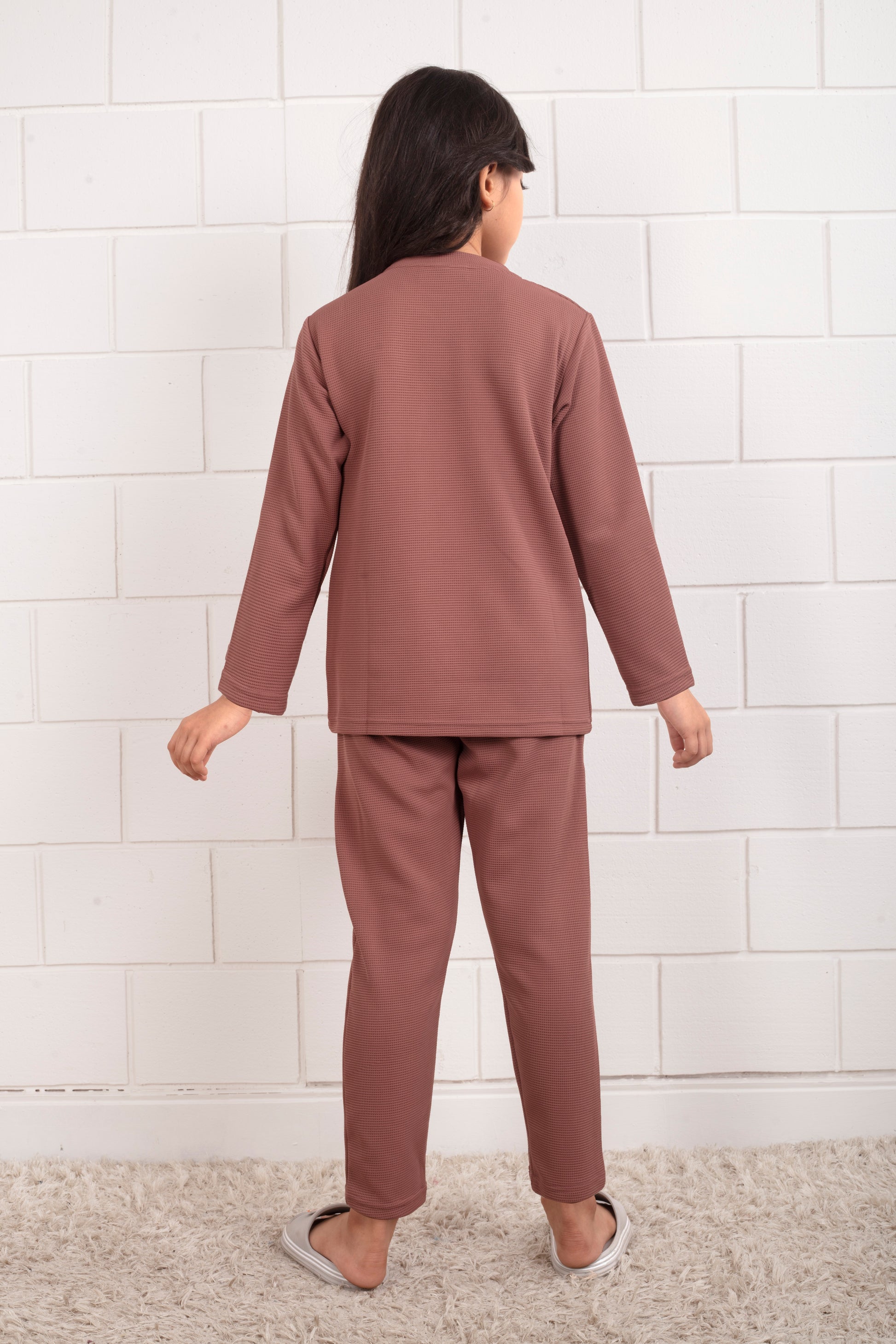 Cotton waffle Brown Pajama set for kids Girl1 - BackView