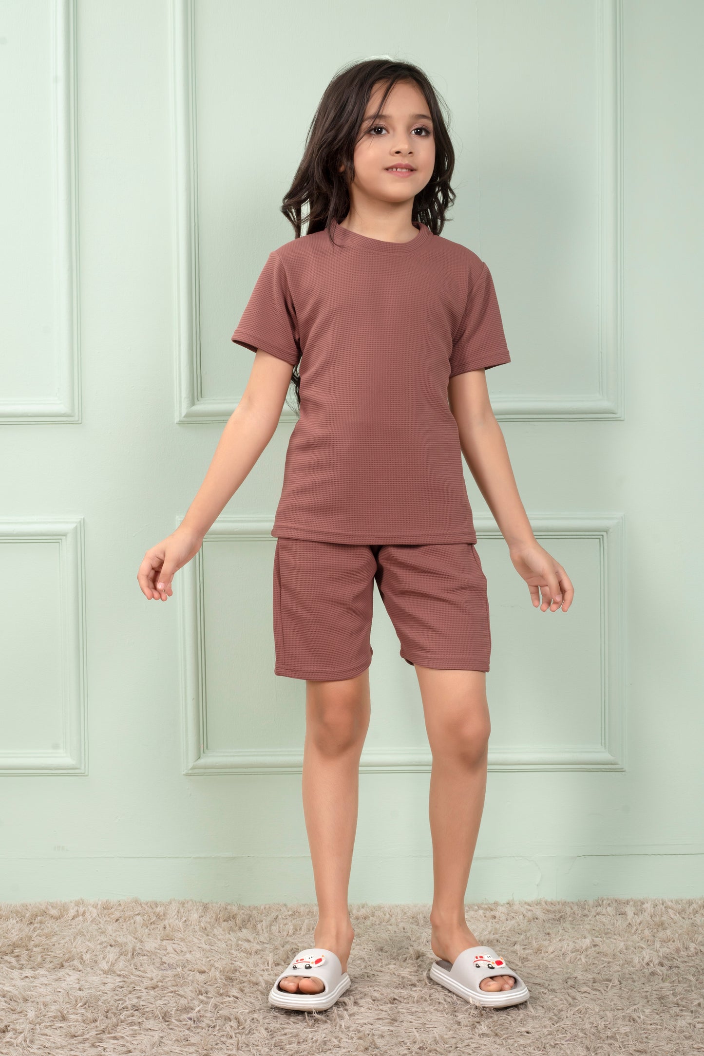 Cotton_waffle_Brown_night_suit_shorts_set_for_Girls