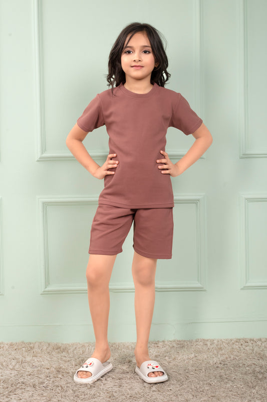 Cotton_waffle_Brown_night_suit_shorts_set_for_Girls - FrontView